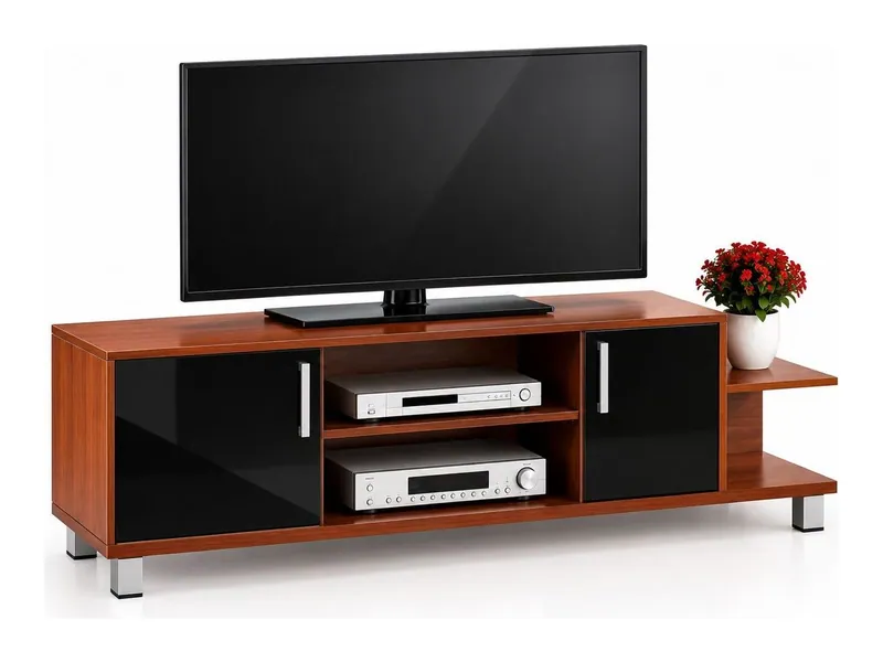 TV unit with glossy shutters and open shelves, mahogany finish (HAB-TV-003)
