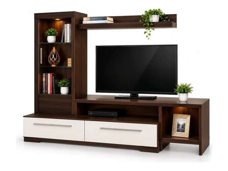 Wall TV unit with shelf tower and drawers, walnut and ivory finish (HAB-TV-004)