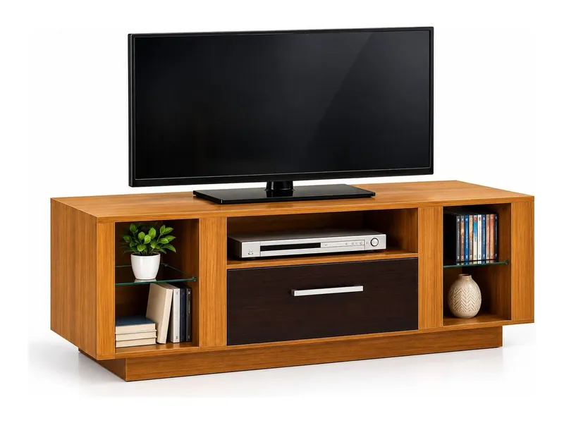 TV unit with drawer and side shelves, teak finish (HAB-TV-005)