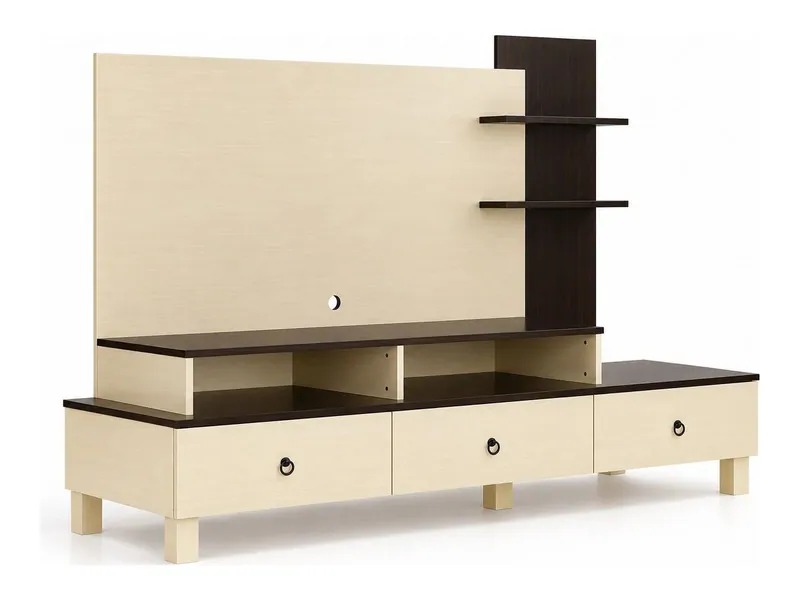 TV unit with back panel, shelves and drawers, ivory and walnut finish (HAB-TV-007)