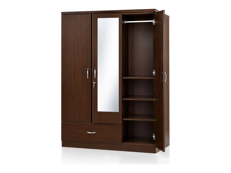 Three-door wardrobe with mirror and drawer, walnut finish (HAB-WR-003)