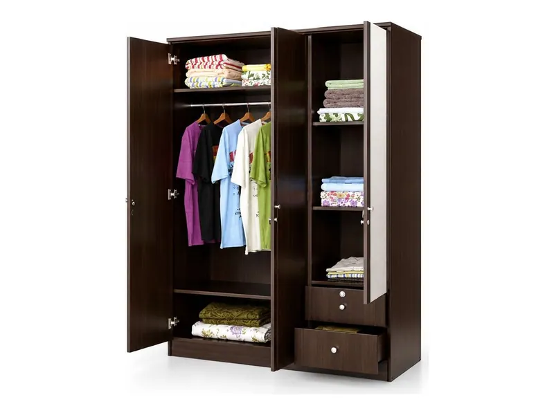 Three-door wardrobe with mirror and drawers, dark walnut finish (HAB-WR-004)