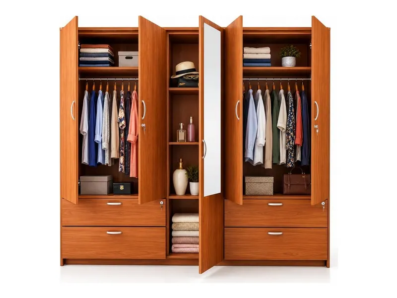 Five-door wardrobe with mirror and drawers, teak finish (HAB-WR-005)