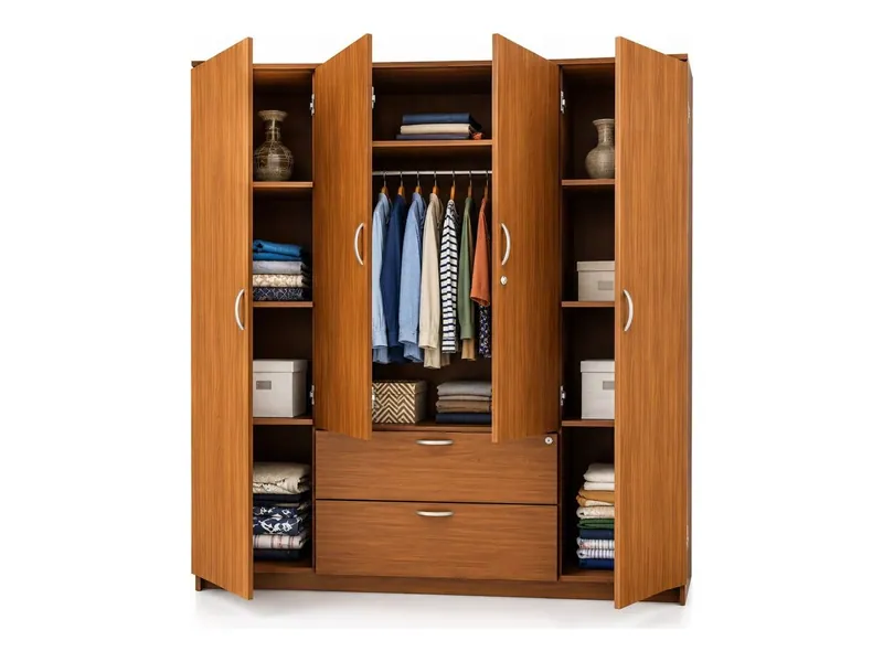 Four-door wardrobe with drawers, teak finish (HAB-WR-006)