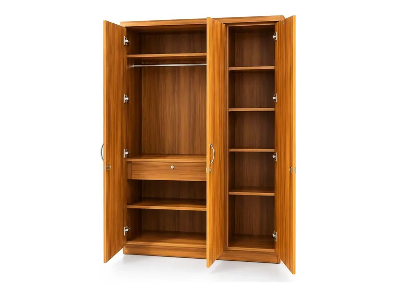 Three-door wardrobe with hanging space and shelves, teak finish (HAB-WR-007)