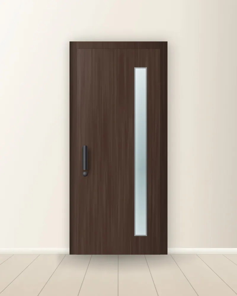 Dark flush door with a vertical glass panel