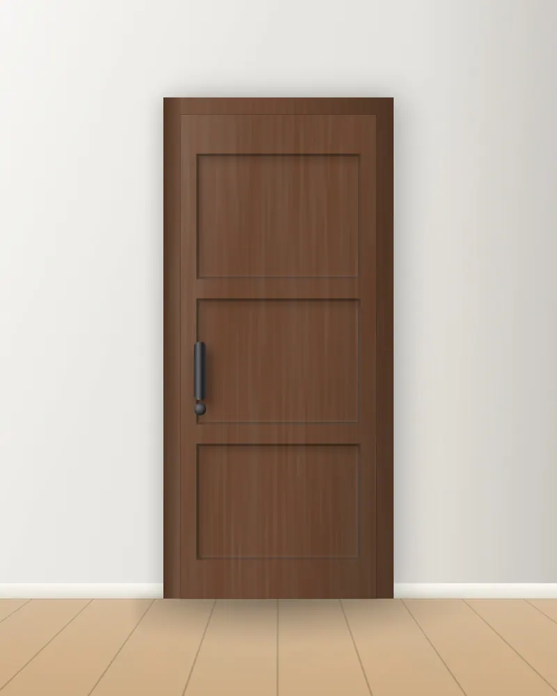 Three-panel door in a dark wood finish